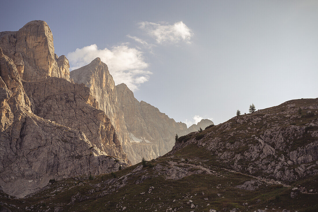 View of Torre di Alleghe in the evening sun at Lago di Coldai, Höhenweg 1, Dolomites, South Tyrol, Italy
