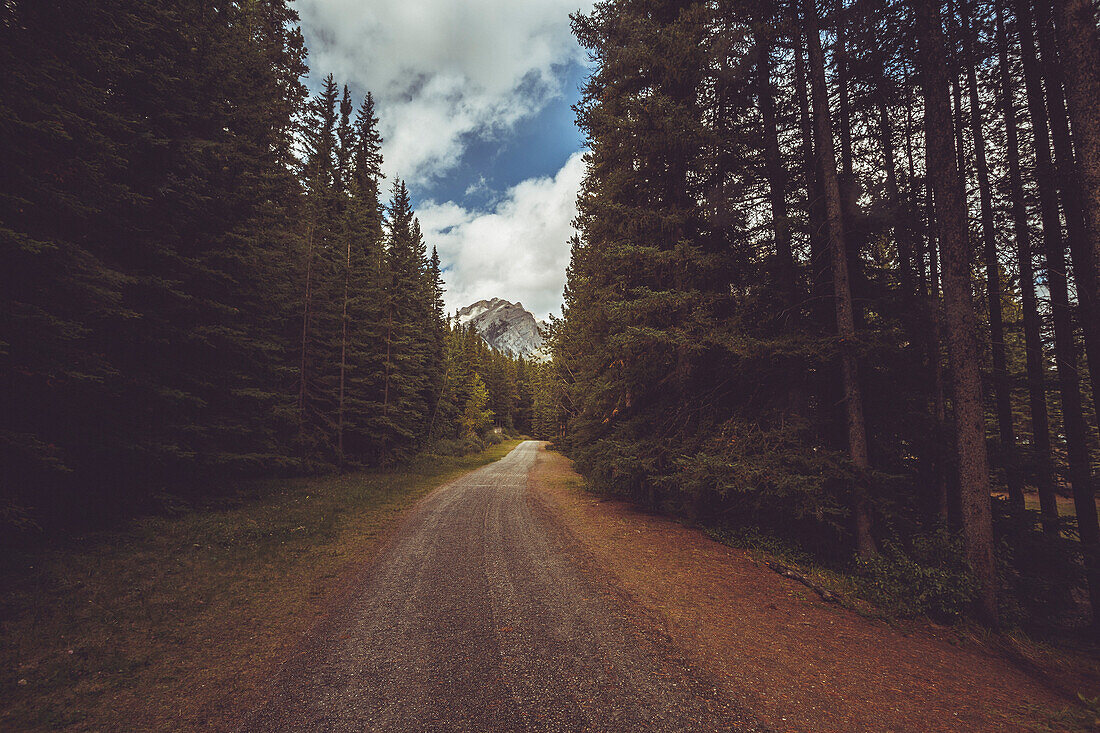 Banff National Park, road on Lake Minnewanka near Banff in Alberta, Canada