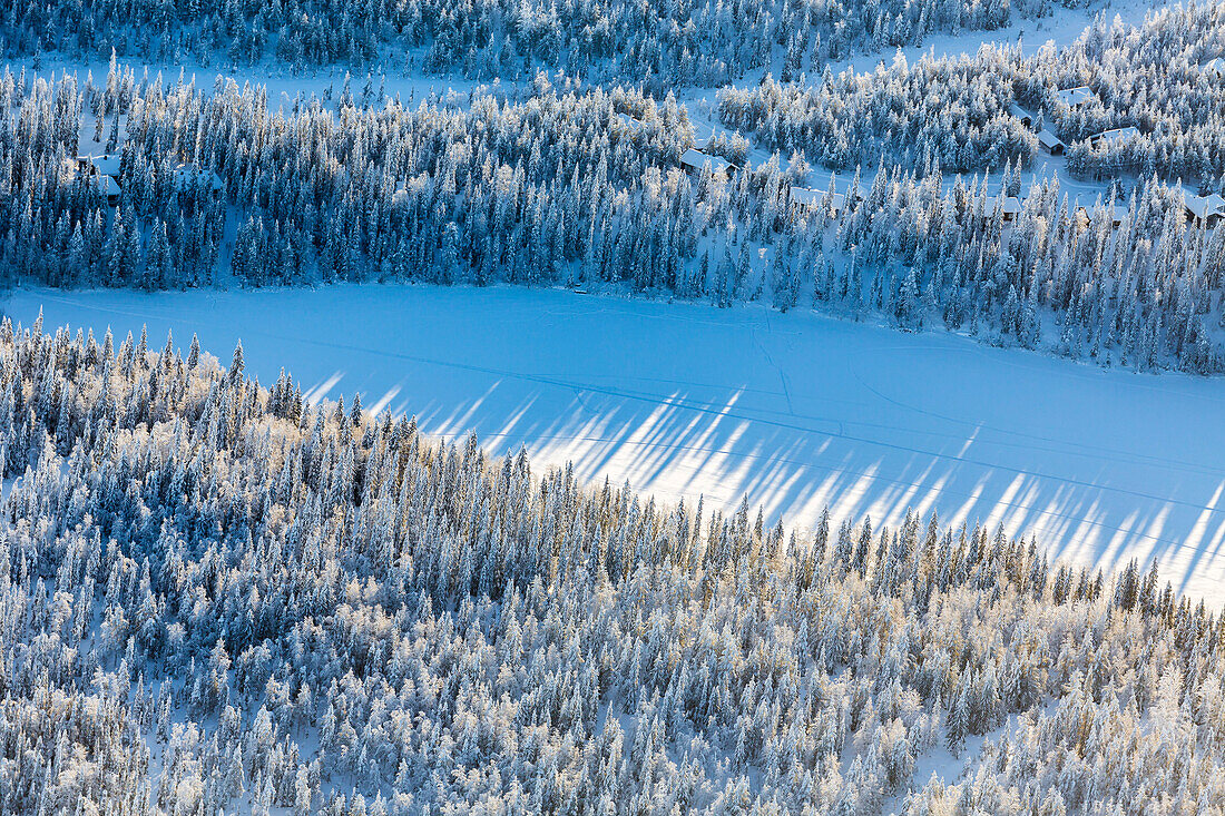 Aerial view of winter trees and snowed in Lakeside cabins in Kuusamo Finnish Lapland