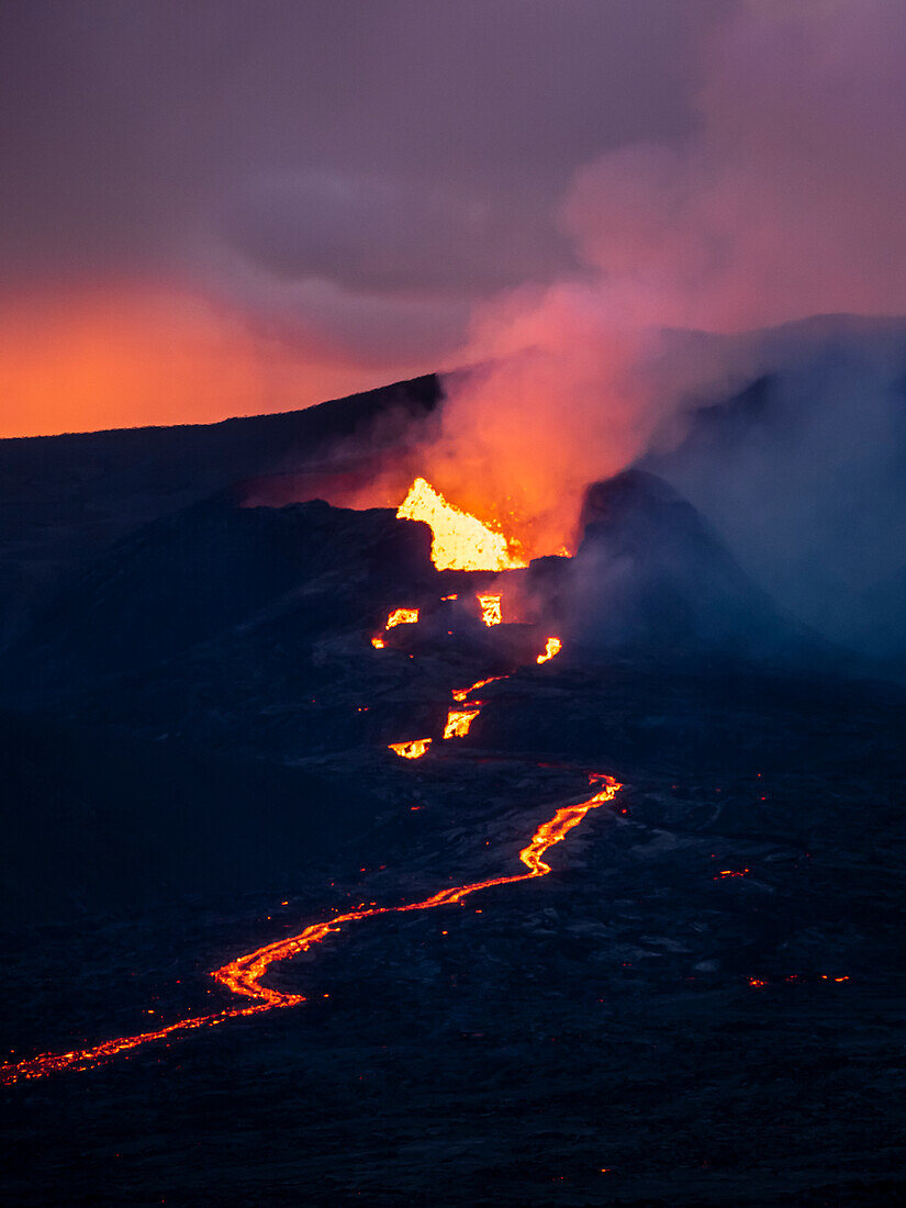 Fagradalsfjall Volcanic eruption at sunset, Iceland
