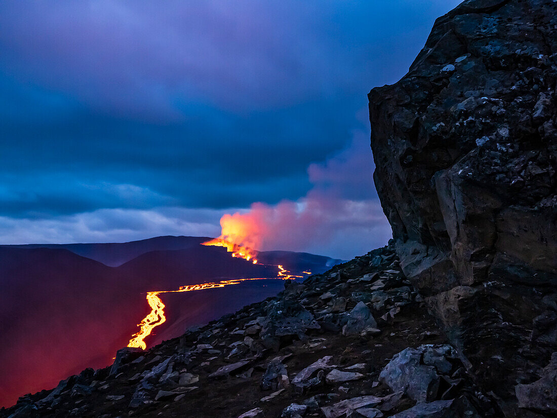 Glowing river of magma from Fagradalsfjall Volcanic eruption at Geldingadalir, Iceland