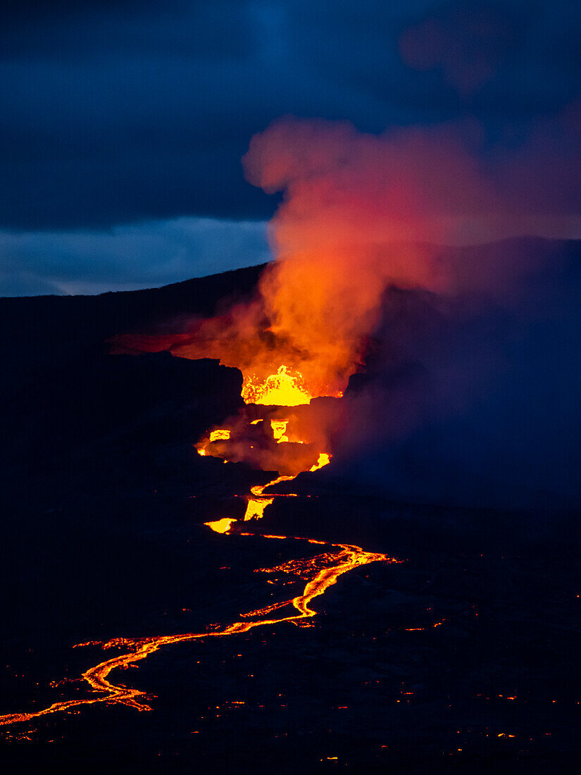 Crater eruption and glowing river of magma from Fagradalsfjall Volcanic eruption at Geldingadalir, Iceland