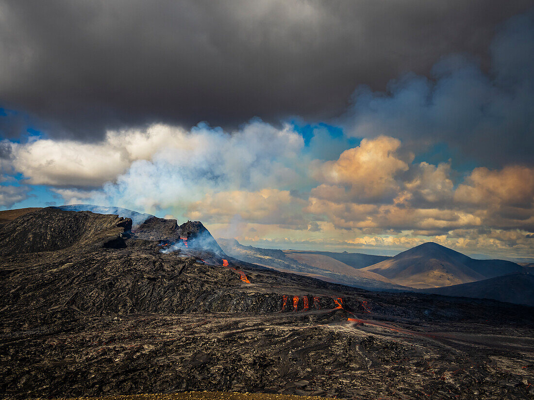 Air photo, lava flows from Fagradalsfjall crater, Volcanic eruption at Geldingadalir, Iceland