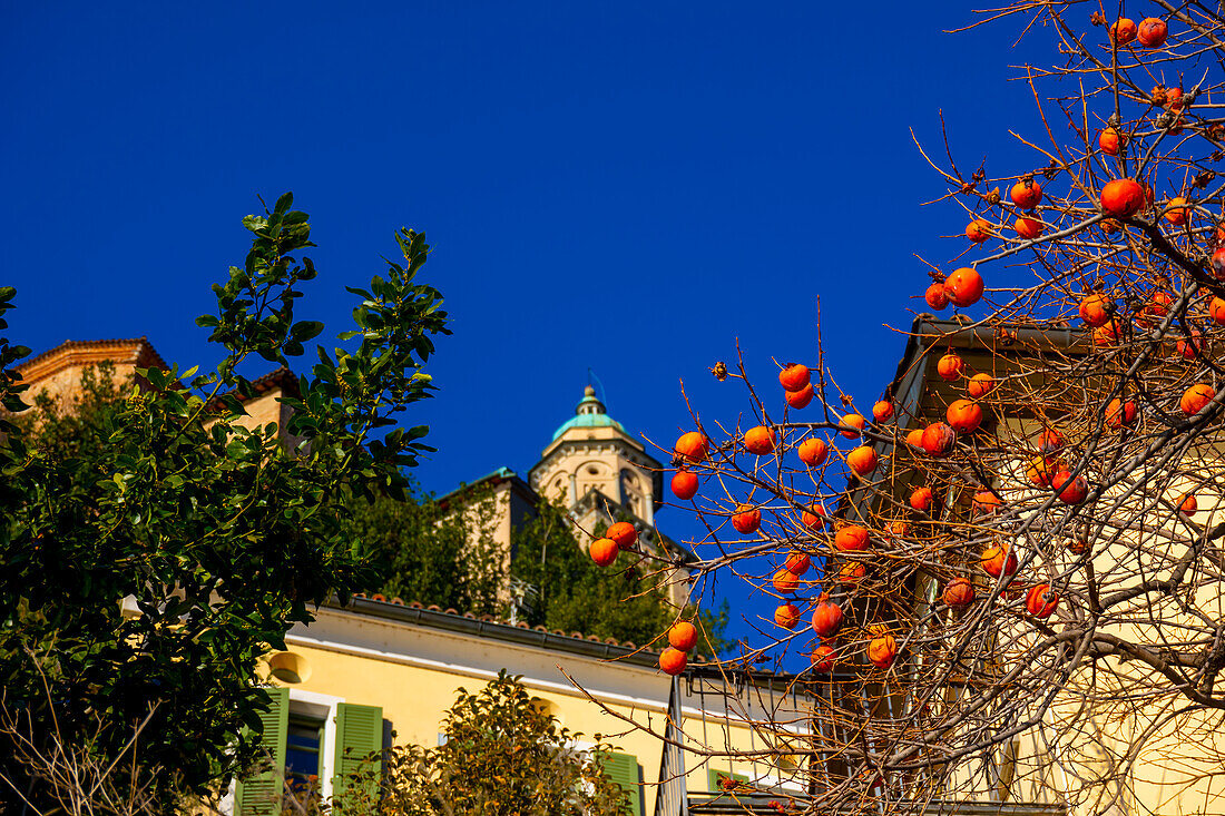 Church Santa Maria del Sasso Against Blue Clear Sky on Mountain in a Sunny Day in Morcote, Ticino in Switzerland.