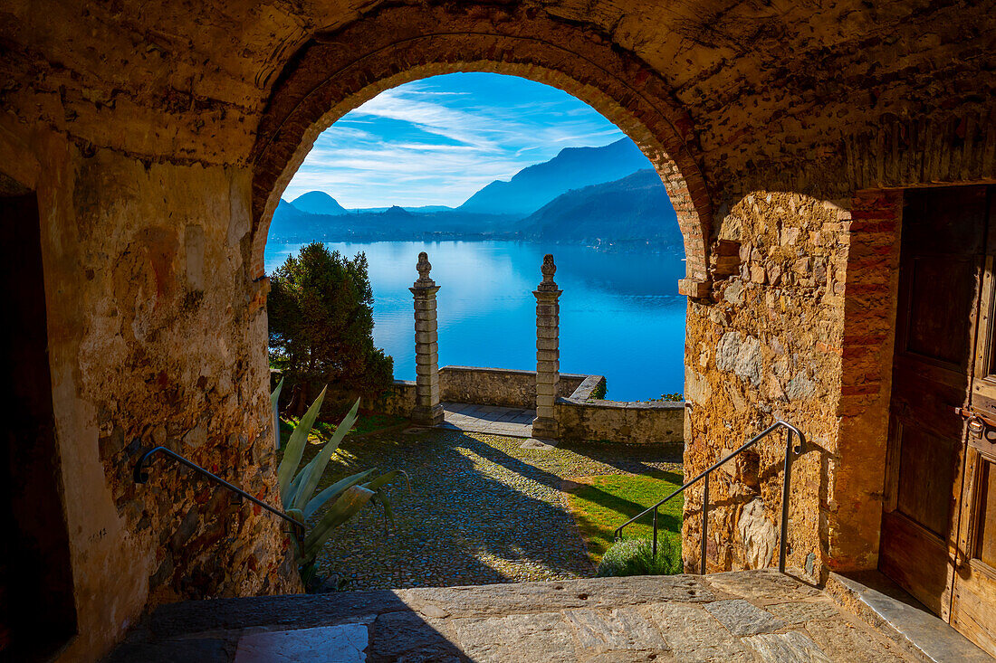 Mountain View from Church Entrance Oratory of S.Antonio da Padova in Santa Maria del Sasso with Mountain and Lake Lugano in a Sunny Day in Morcote, Ticino in Switzerland.