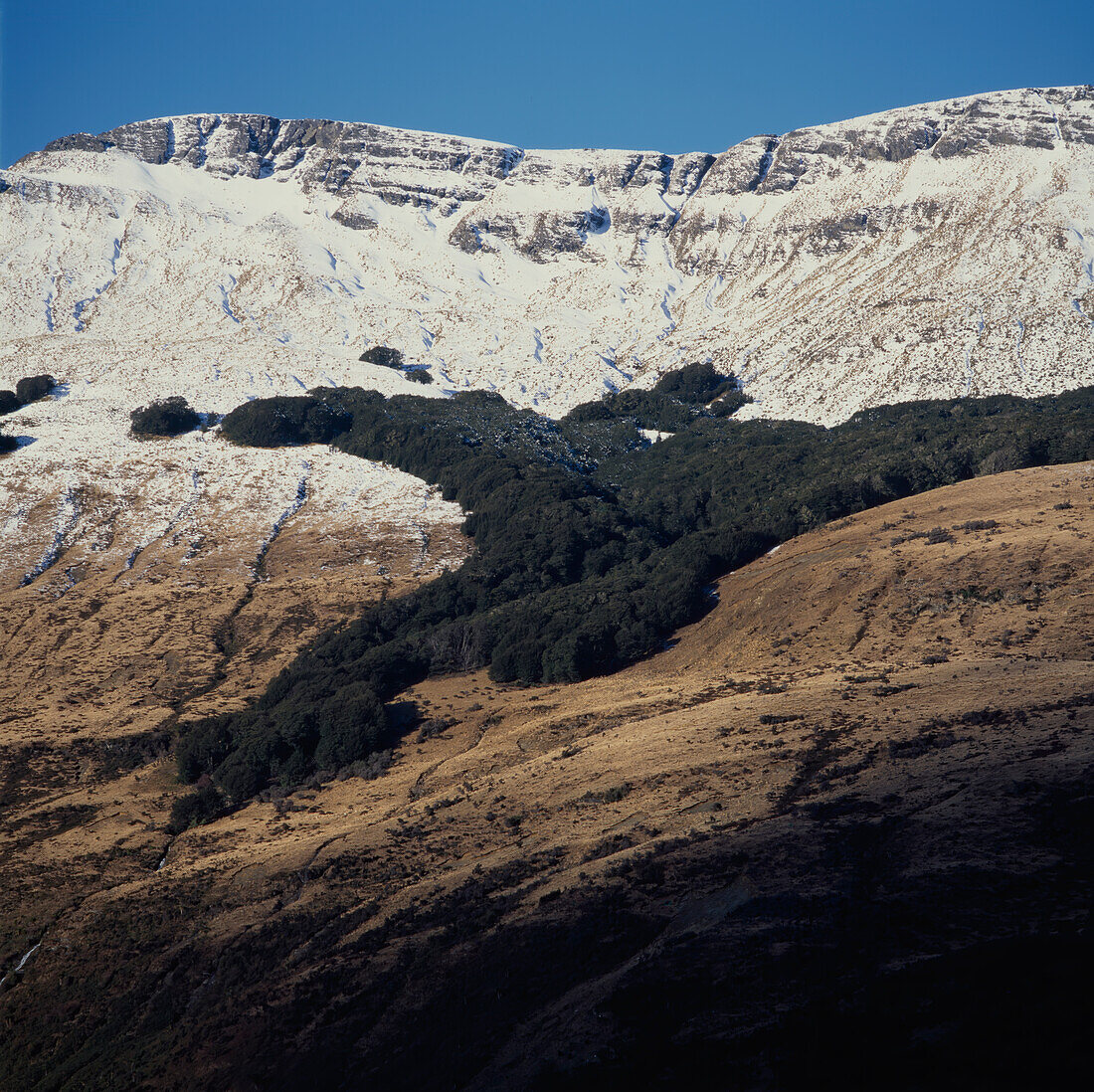 Close up of snow capped mountain range in Glenorchy, South Island of New Zealand