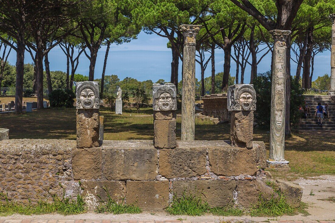 Rome, Ostia Antica, Anfiteatro, theater masks, former architectural ornaments of the theatre