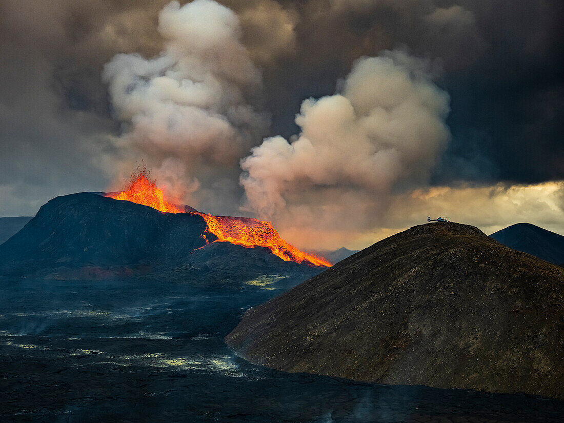 Glowing lava is ejected skyward as lava spills from Fagradalsfjall Volcano, Iceland Fagradalsfjall Volcano, Iceland