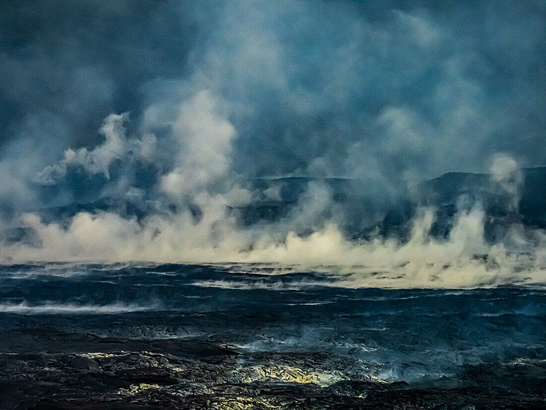 Steam rises from lava lake filling valley around Fagradalsfjall Volcano, Iceland