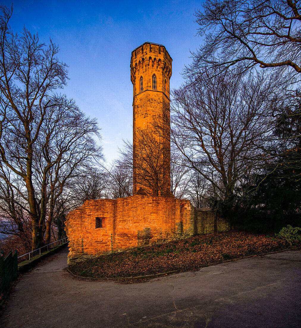 Vincketurm and remains of the Hohensyburg castle ruins on the Syberg in Dortmund-Syburg, North Rhine-Westphalia, Germany