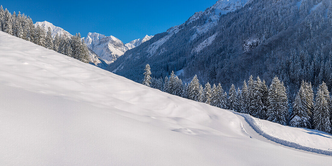 Oytal im Winter, dahinter Schochen, 2100m, Schneck, 2268m, Himmelhorn, 2113m, und Großer Wilder, 2379m, bei Oberstdorf, Oberallgäu, Bayern, Deutschland, Europa