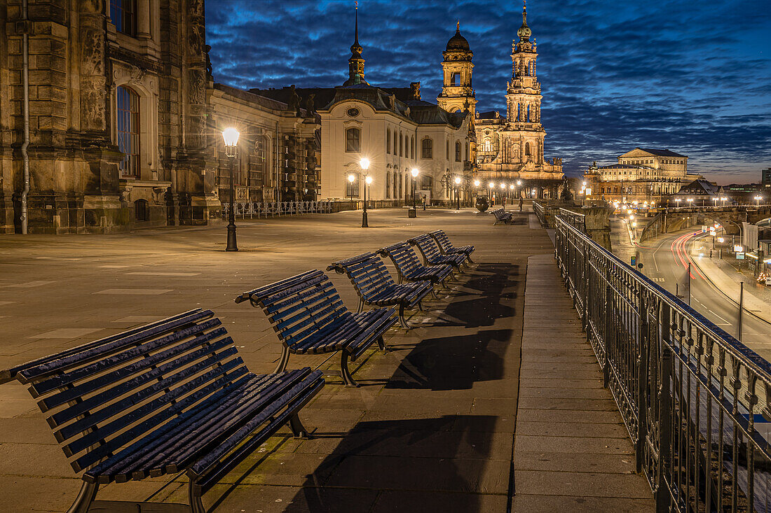 Brühlsche Terasse Dresden at night, Saxony, Germany