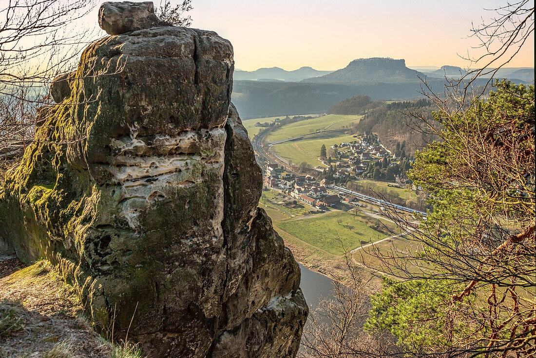 Bastei view towards the Elbe in the early morning, Saxon Switzerland, Saxony, Germany