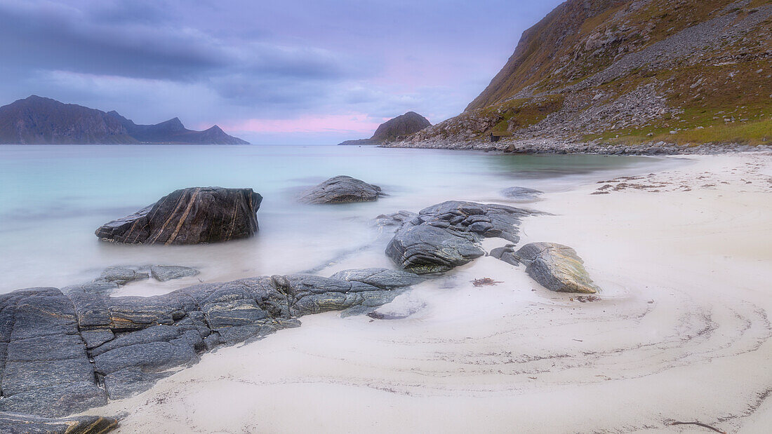 Rocks and stones on the beach at Hauklandstranda, Vestvagoy, Leknes, Lofoten, Norway.