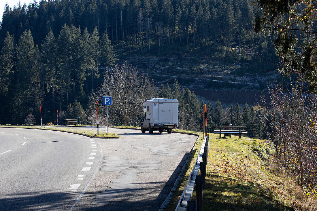 Motorhome on street parking lot. Black Forest, Baden-Wuerttemberg, Germany.