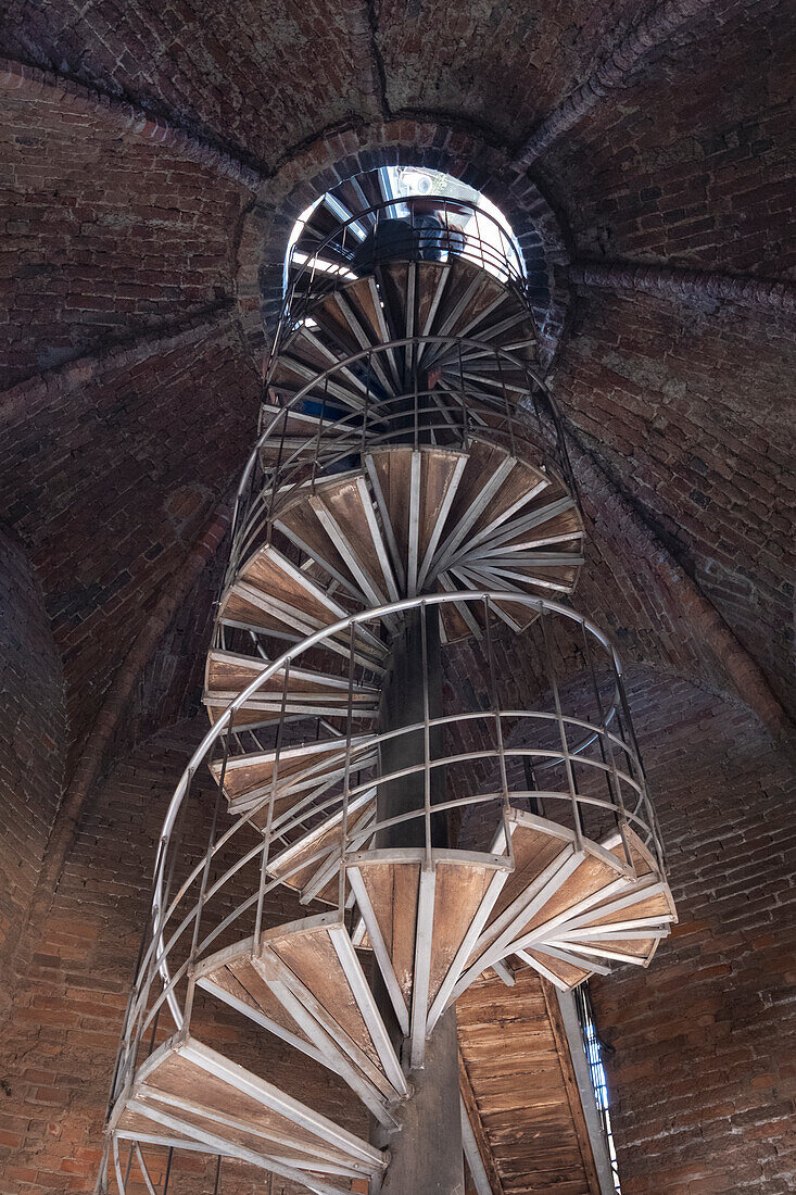 View of the freestanding spiral staircase in the Torrazzo bell tower, Cremona, Lombardy, Italy, Europe