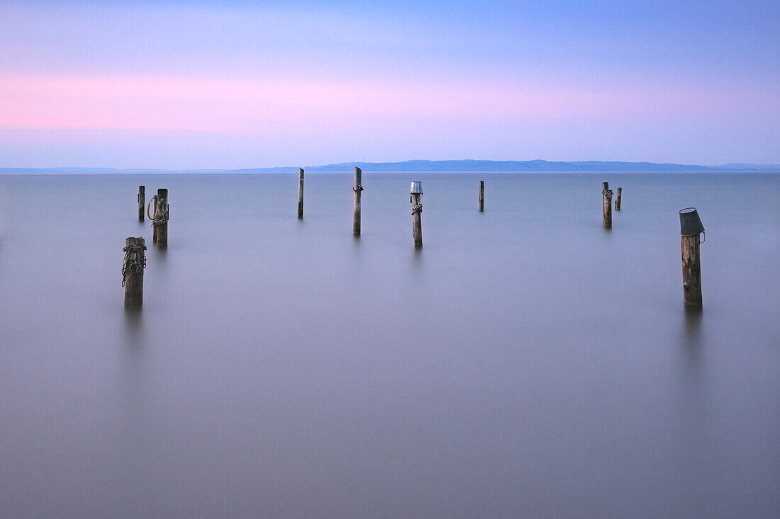 View of wooden poles in the water at Ammersee, Dießen, Ammersee, Bavaria, Germany, Europe