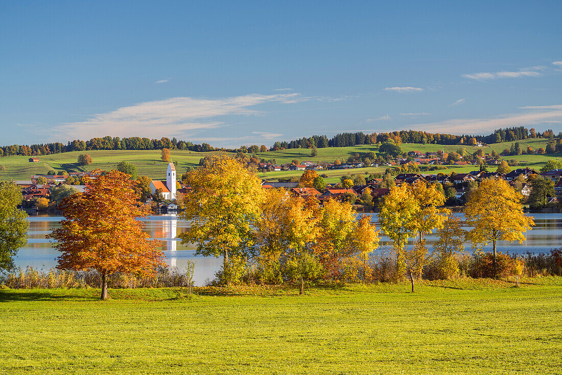 View over the Riegsee to the municipality of Riegsee, Upper Bavaria, Bavaria, Germany