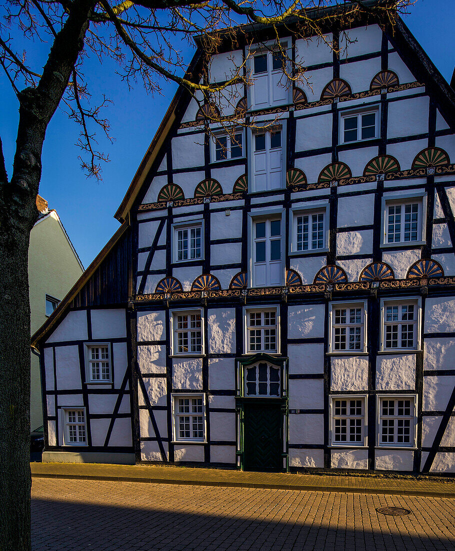 Half-timbered house on Ostertorstrasse in Soest in the evening light, North Rhine-Westphalia, Germany