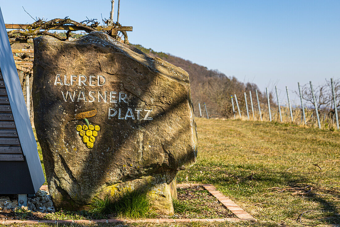 Memorial stone at the small wine gate on the Southern Wine Route, Palatinate Forest, Schweigen-Rechtenbach, Rhineland-Palatinate, Germany, Europe