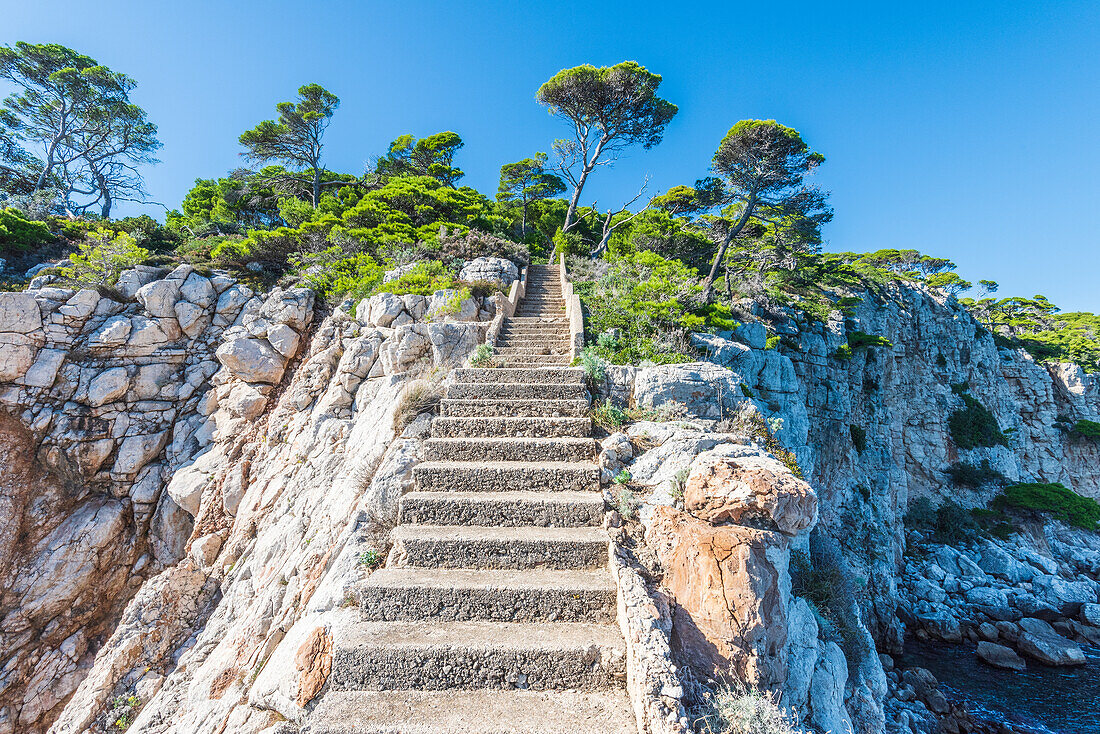 Treppe an der Steilküste auf der Insel Koločep nahe Dubrovnik, Kroatien