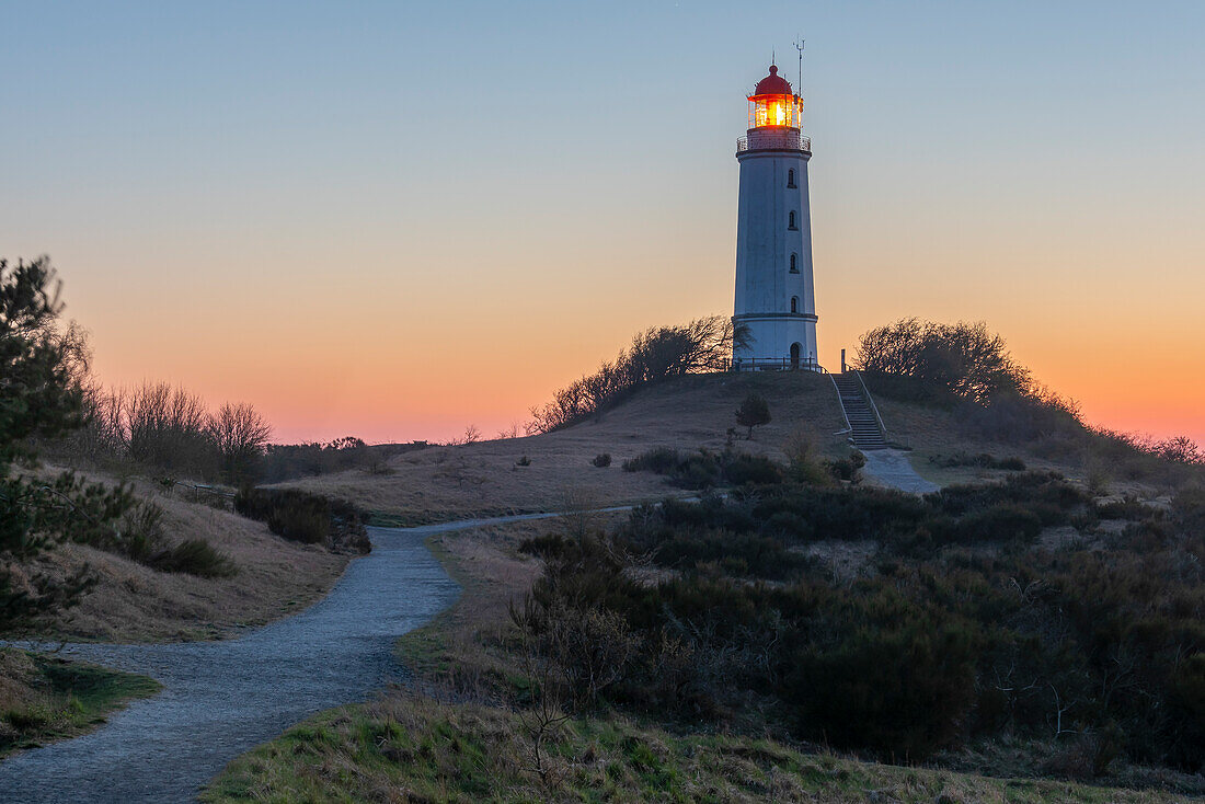 Sunrise at the Dornbusch lighthouse on the Schluckwieksberg, Hiddensee Island, Mecklenburg-West Pomerania, Germany