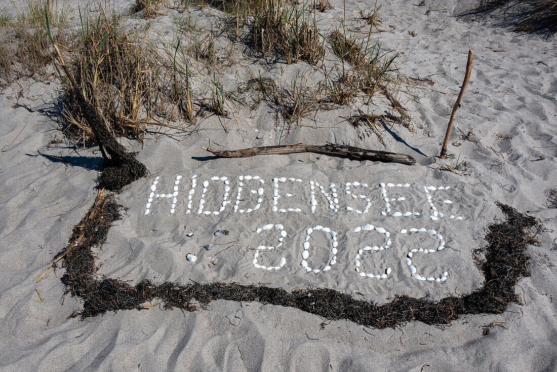Lettering Hiddensee 2022, formed from shells, Western Pomerania Lagoon Area National Park, Hiddensee Island, Mecklenburg-West Pomerania, Germany