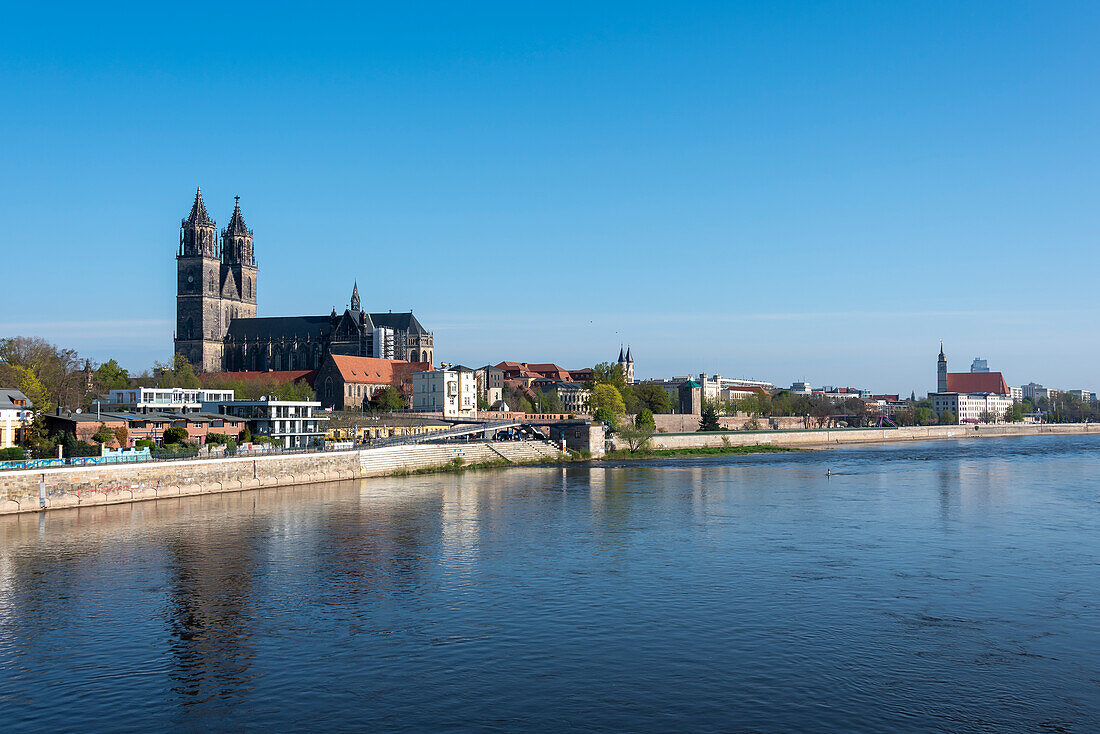 Magdeburg Cathedral, riverside promenade, Elbe, Magdeburg, Saxony-Anhalt, Germany