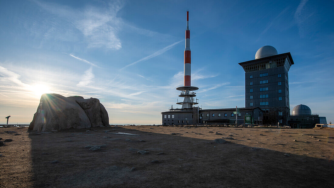 Sonnenuntergang auf dem Brocken, Sendemast, Brockenplateau, Schierke, Sachsen-Anhalt, Deutschand