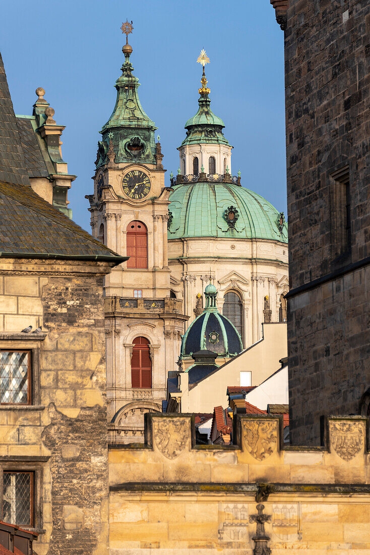 St. Nicholas Church, in front of it the Lesser Town Bridge Tower, Charles Bridge, Prague, Czech Republic