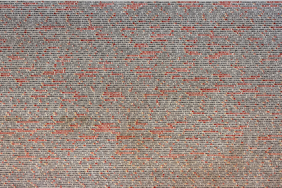 Pinkas Synagogue, names of murdered Jews who were transported from Theresienstadt concentration camp to death camps at the end of World War II, Prague, Czech Republic