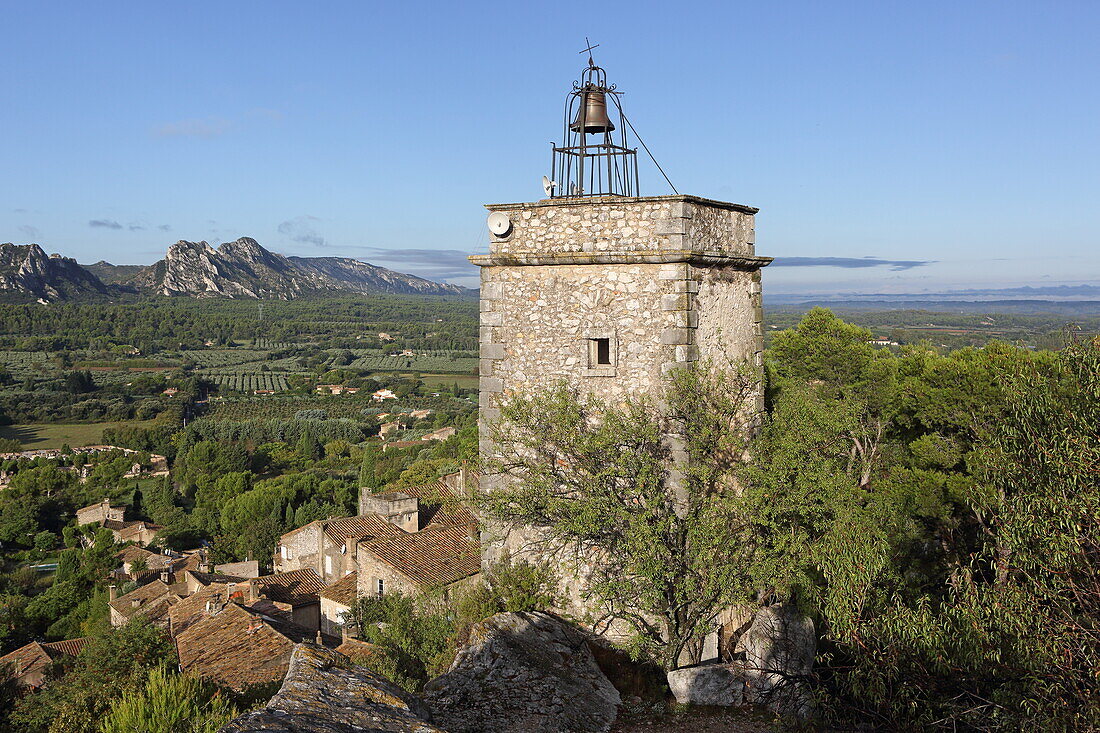 Clock tower of the old village of Eygalières, Bouches-du-Rhône, Provence-Alpes-Côte d'Azur, France