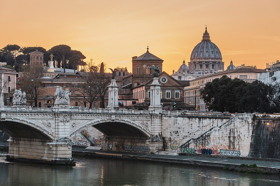 Ponte Vittorio Emanuele II, with St. Peter's Basilica in the background, Rome, Lazio, Italy, Europe