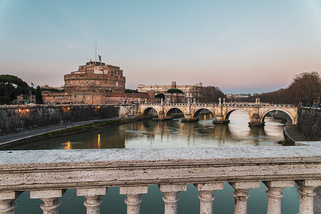 View from Ponte Vittorio Emanuele II bridge on St. Angelo Bridge (Ponte Sant'Angelo) and Castel Sant'Angelo, UNESCO World Heritage Site, Rome, Lazio, Italy, Europe