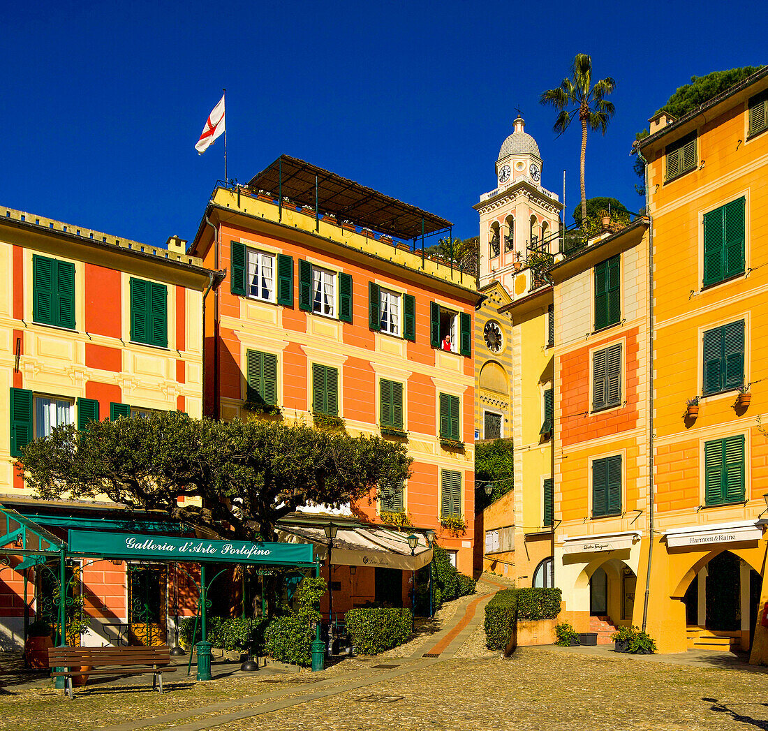 View of the Piazzetta di Portofino and the Church of San Martino, Portofino, Province of Genoa, Liguria, Riviera di Levante, Italy