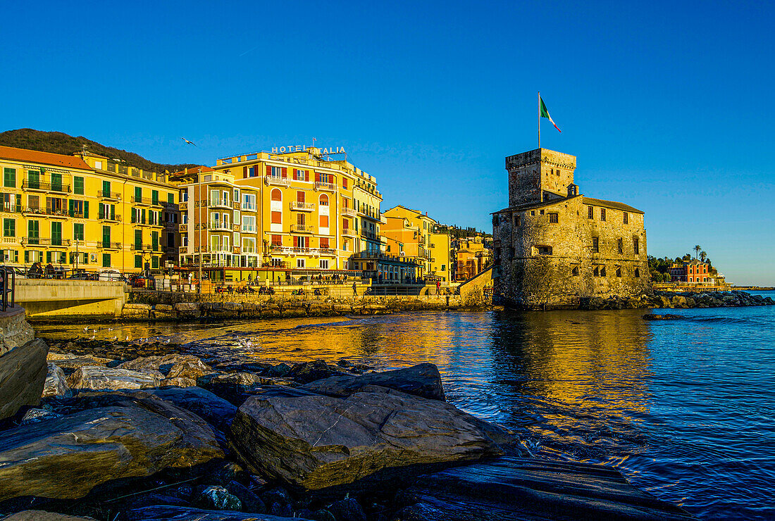 Harbor castle and sea promenade in Rapallo, Liguria, Italian Riviera, Italy