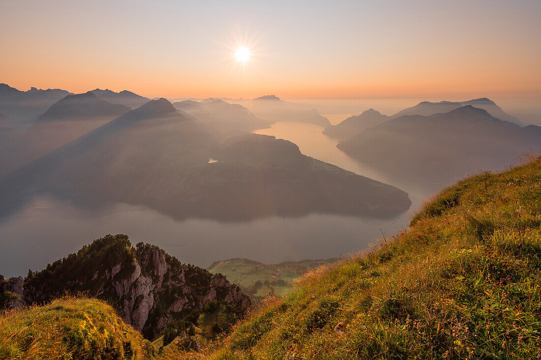 View from the Fronalpstock on Lake Lucerne in the evening, Morschach, Canton of Schwyz, Glarner Alps, Switzerland