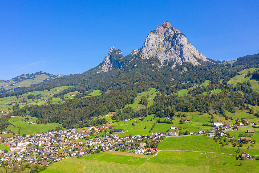 Aerial view of Mythen with Schwyz, Glarus Alps, Canton of Schwyz, Switzerland