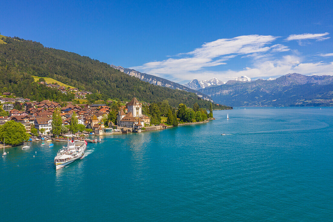 Aerial view of Oberhofen Castle on Lake Thun with Bernese Alps, Thun, Bernese Oberland, Canton of Bern, Switzerland