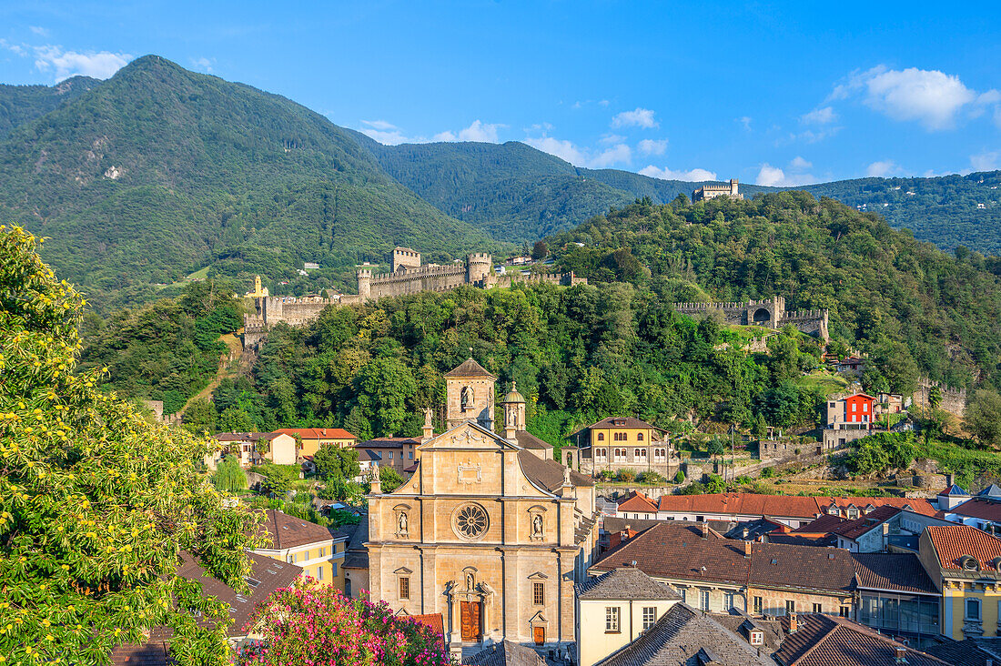 View of the city center with the Collegiate Church of San Pietro e Stefano, Bellinzona, Canton Ticino, Switzerland