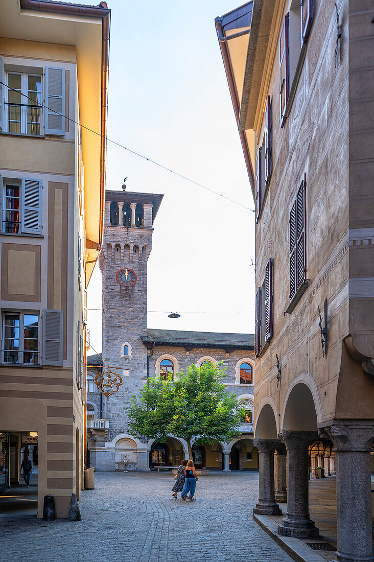 Alley with town hall in Bellinzona, Canton Ticino, Switzerland