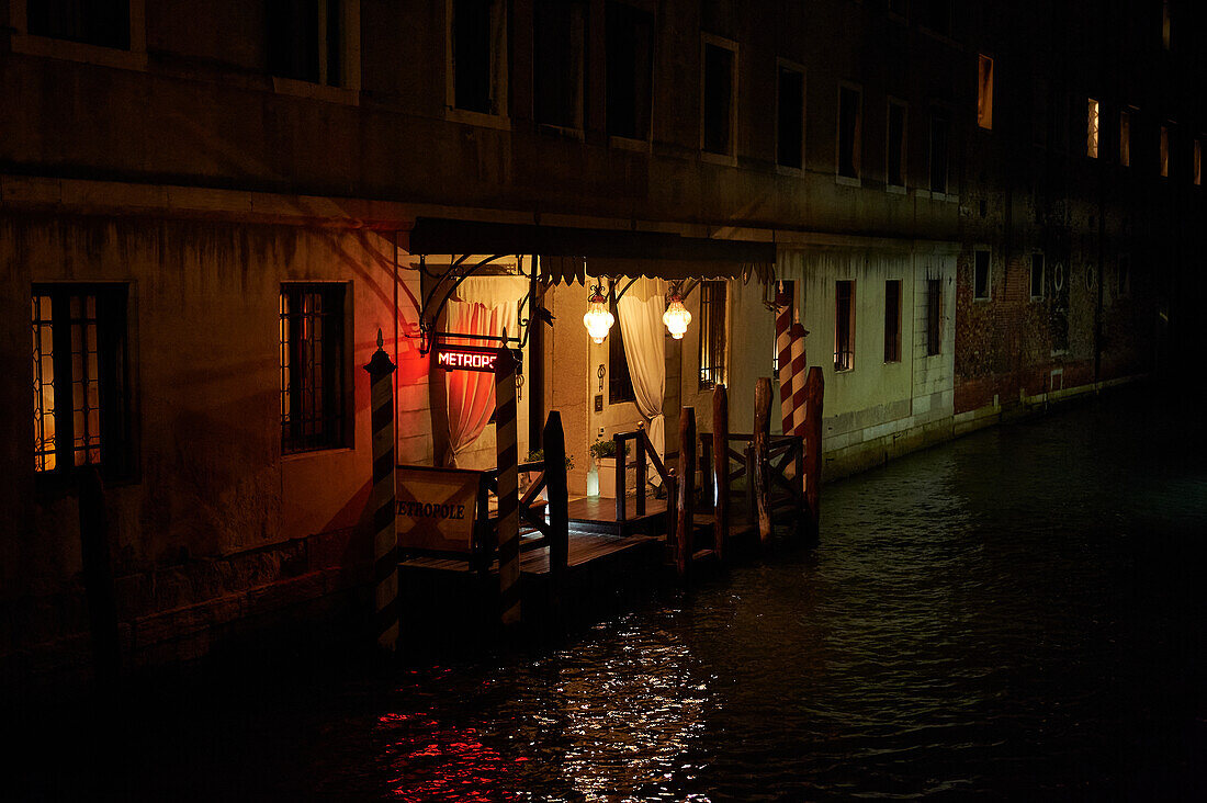 Evening illuminated &#39;back entrance'39; of the five star Hotel Metropole on the Riva degli Schiavoni, Venice, Italy, Europe