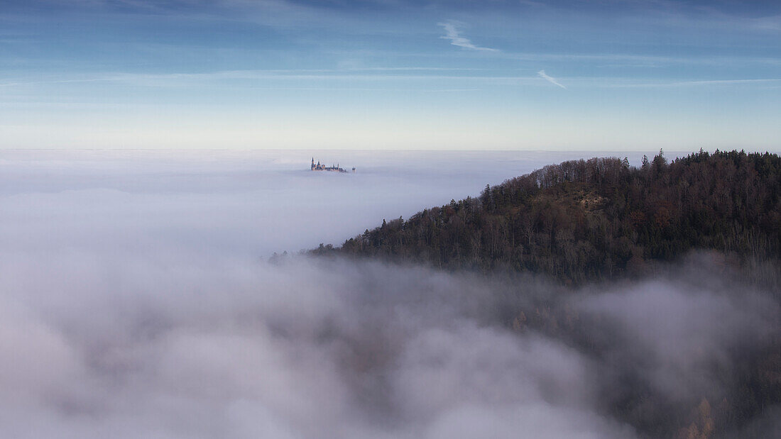 Blick auf Burg Hohenzollern über den Wolken. Pfeffingen, Albstadt, Baden-Württemberg, Deutschland. Wald im Vordergrund.