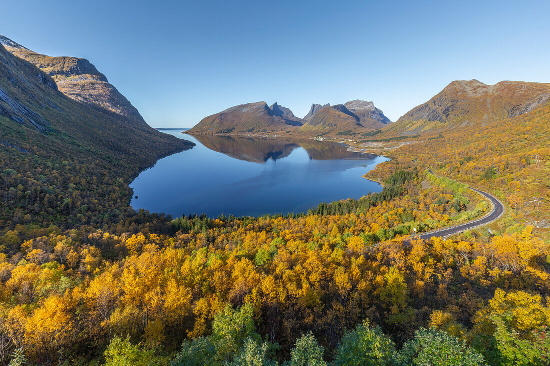 Autumnal view of Bergsbotn bay and road 862, Senja, Norway. Blue sky.