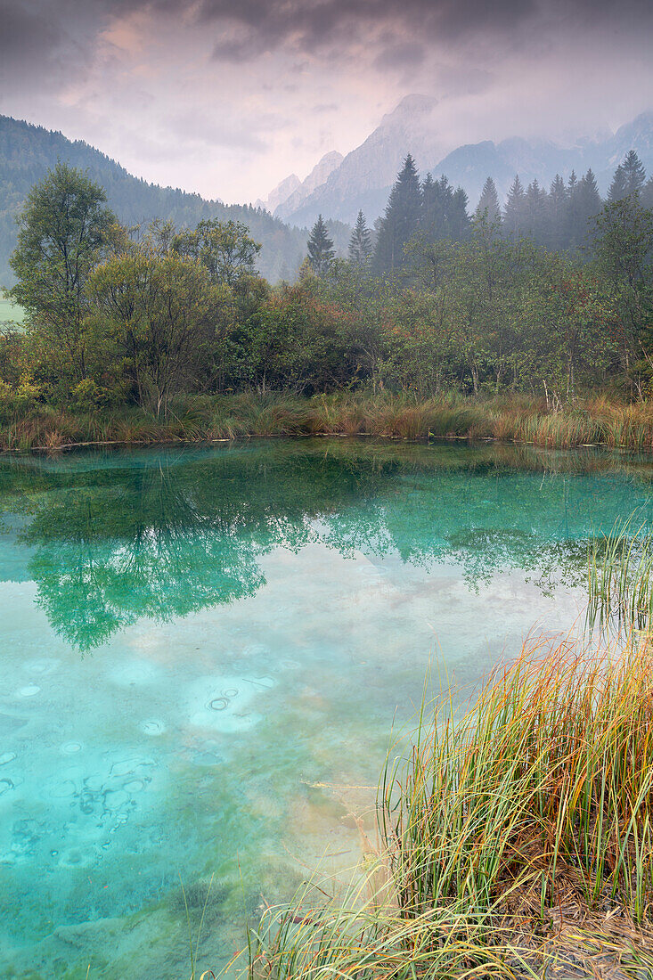 Quelle vom Fluss Save Dolinka, Kleiner See, Kransjka Gora, Slowenien. Berge im Hintergrund