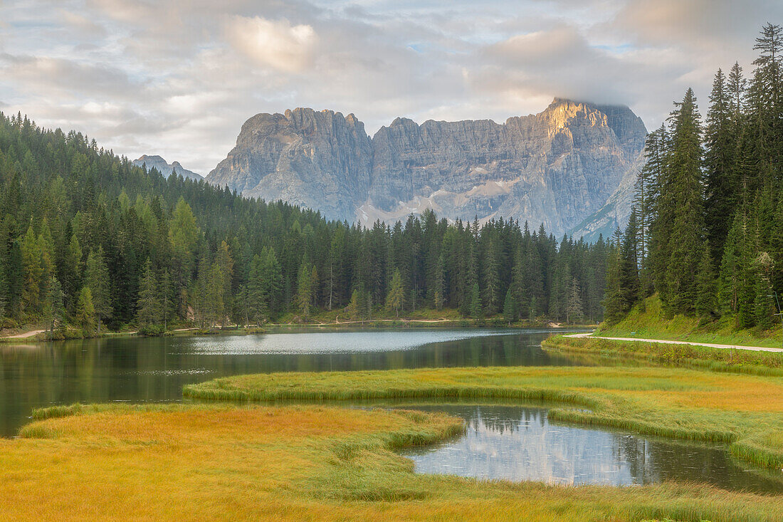 View of Lake Misorina. Background mountain Forcella Pogofa, Auronza di Cadore, Belluno, South Tyrol, Dolomites, Italy.