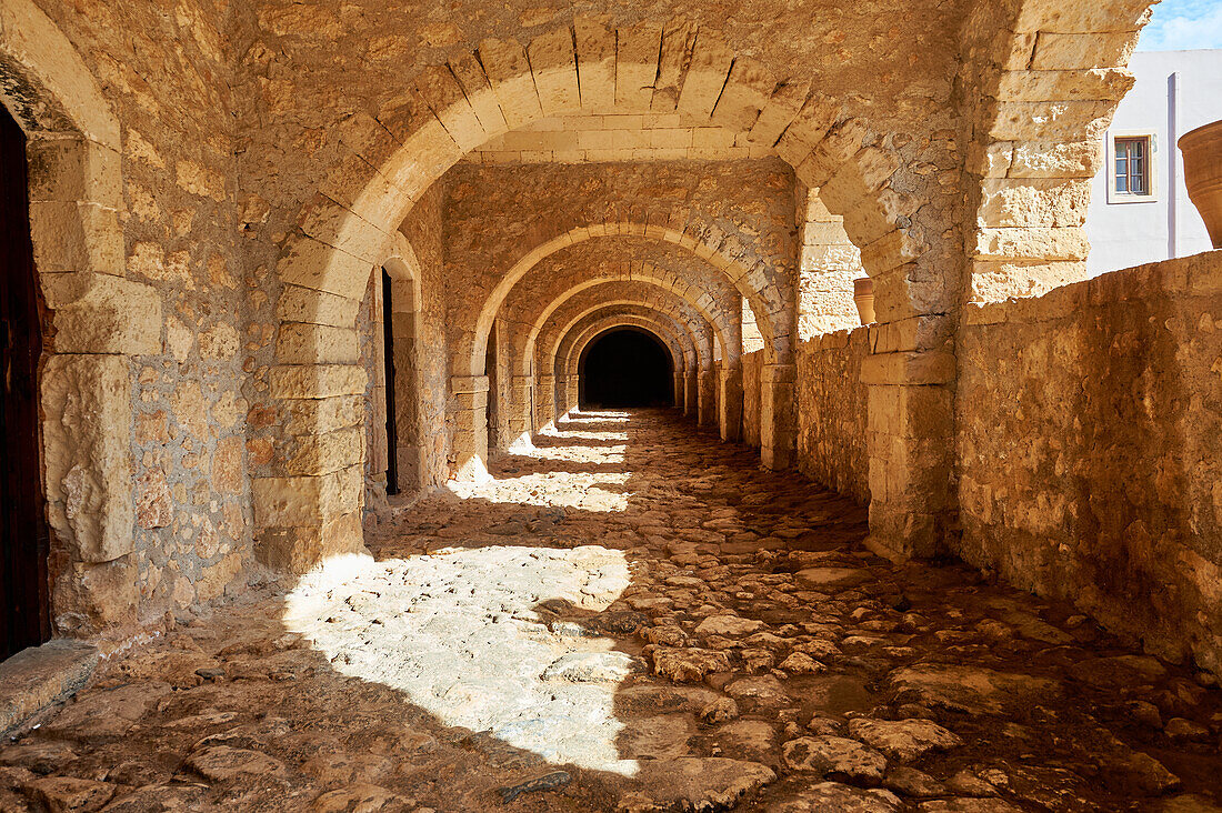 View of the inner courtyard of the Architecturally remarkable, historic 16th century Arkadi Orthodox Monastery and Church with Masses, Arkadi, Crete, Greece, Europe