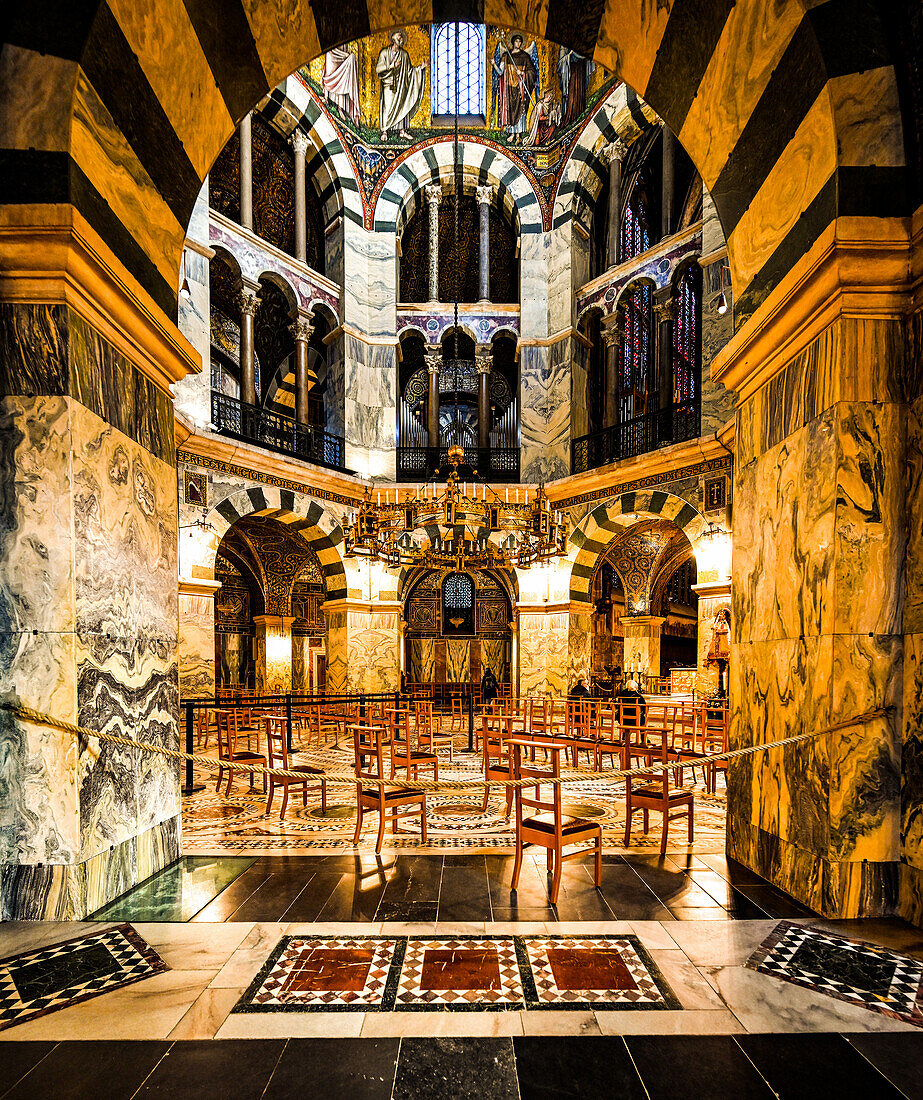 Looking into the Carolingian octagon in Aachen Cathedral, North Rhine-Westphalia, Germany