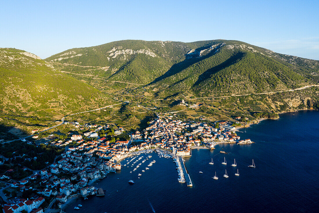 Bay of Komiza town, Vis island, Mediterranean Sea, Croatia