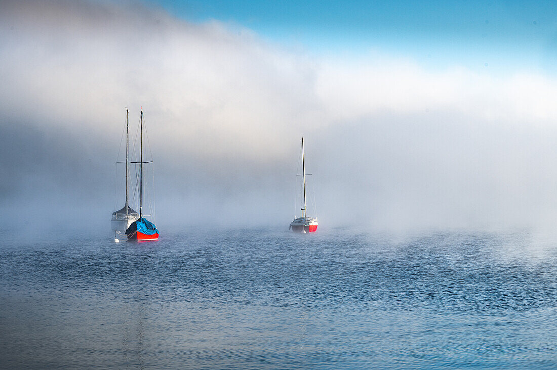 Segelboote im Nebel, Starnberger See, Deutschland